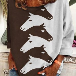 Women's Vintage Western Horse Print Crew Neck Sweatshirt, Hoodies&Sweatshirts, Lilicloth.com