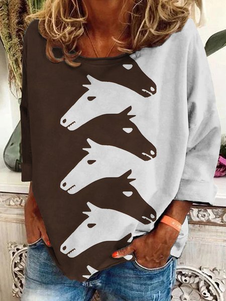 Women's Vintage Western Horse Print Crew Neck Sweatshirt, Hoodies&Sweatshirts, Lilicloth.com