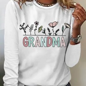 Women's Grandma Simple Floral Regular Fit Long Sleeve Top, Long sleeves, Lilicloth.com