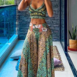 2 Piece Tribal Pattern V-Neck Sleeveless Spaghetti Strap Crop Tank Shirred High Waist Wide Leg Pants Vacation Pants Set, women Two-piece Sets, ChicMe catalog