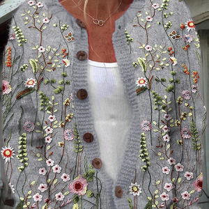 Floral Embroidery Pattern Buttoned Cardigan Sweater, Cardigans, Lilicloth.com