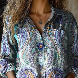 Women's Long Sleeve Shirt Spring/Fall Ethnic Shirt Collar Holiday Going Out Casual Top, JustFashionNow Shirts, color:Blue|size:XXL,