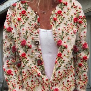 Floral Embroidery Art Print Buttoned Cardigan Sweater, Cardigans, Lilicloth.com