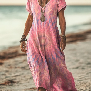 Women's Short Sleeve Summer Tie Dye Printing Dress V Neck Daily Going Out Casual Maxi T-Shirt Dress H-Line Dress, JustFashionNow Casual Dresses, color:Pink|size:3XL,