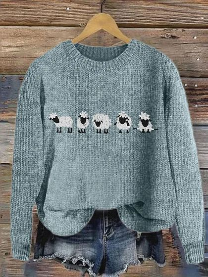 Women's Cute Sheep Print Knitted Crew Neck Casual Sweater, Sweaters, Lilicloth.com