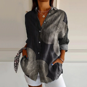 Women's Artistic Geometric Lines Printed Long Sleeve Shirt, Blouses, Lilicloth.com