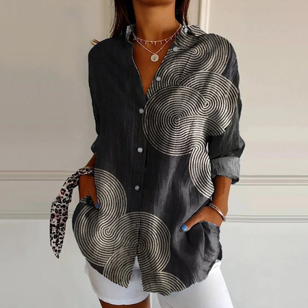 Women's Artistic Geometric Lines Printed Long Sleeve Shirt, Blouses, Lilicloth.com