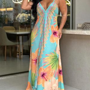 Floral Print V-Neck Spaghetti Strap Maxi Dress Casual Hollow-out Waist Ruched Dress, women Print Dresses, ChicMe catalog