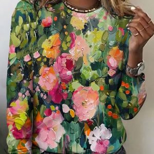 Regular Fit Floral Casual T-Shirt, Long sleeves, Lilicloth.com