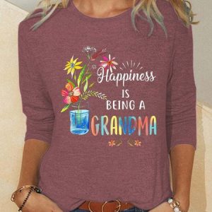 Women Grandma Family Plant Text Letters Cotton-Blend Loose Top, Long sleeves, Lilicloth.com