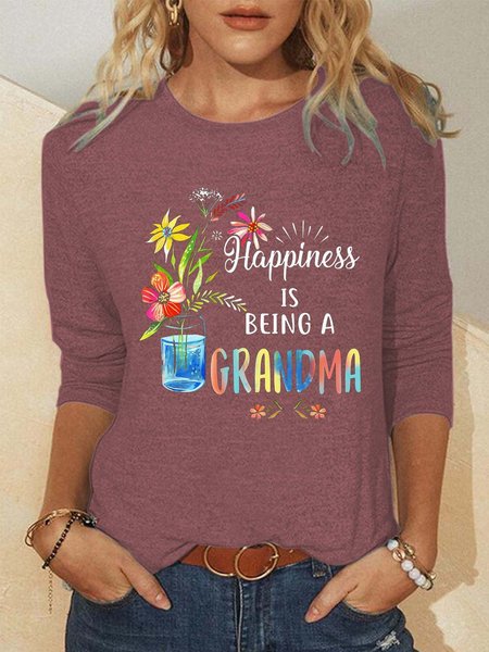 Women Grandma Family Plant Text Letters Cotton-Blend Loose Top, Long sleeves, Lilicloth.com