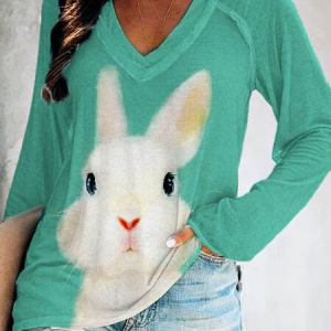 Women's Easter Bunny Print V-Neck T-Shirt, Long sleeves, Lilicloth.com