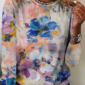 Women's Vintage Art Floral Print Crew Neck Casual T-Shirt, Long sleeves, Lilicloth.com
