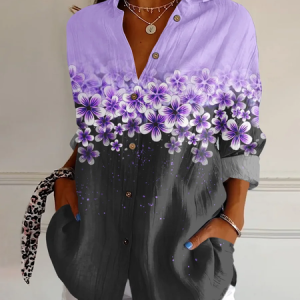 Women's Purple Art Flowers Print Casual Long Sleeve Shirt, Blouses, Lilicloth.com
