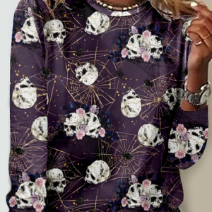 Skull Casual Crew Neck Halloween Long Sleeve Shirt, Long sleeves, Lilicloth.com