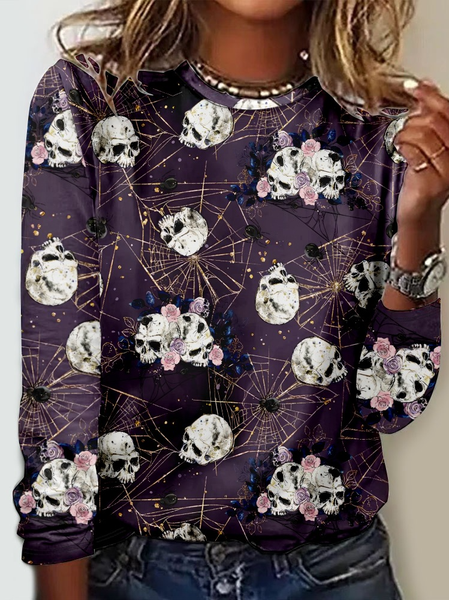 Skull Casual Crew Neck Halloween Long Sleeve Shirt, Long sleeves, Lilicloth.com