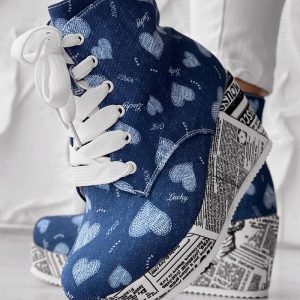 Newspaper Heart Letter Pattern Zipper Design Lace-up Wedge Boots, women Boots, ChicMe catalog