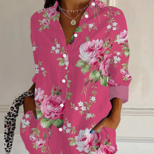 Women's Long Sleeve Shirt Spring/Fall Floral Buckle Shirt Collar Daily Going Out Casual Top, JustFashionNow Shirts, color:Pink|size:XXL,