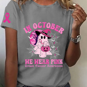 Women's Breast Cancer Awareness Halloween In October We Wear Pink Cute Ghost Breast Cancer Warrior Pink Ribbon Casual Text Letters T-Shirt, T-shirts, Lilicloth.com