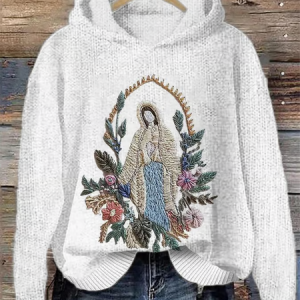 Women's Christian Virgin Mary Floral Knitted Hoodie, Hoodies&Sweatshirts, Lilicloth.com