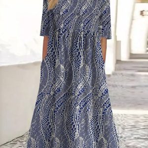 Women Floral Crew Neck Three Quarter Sleeve Comfy Casual Maxi Dress, Maxi, color:Deep Blue|size:5XL, catalog Noracora shop