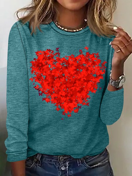 Women's Butterfly Love Valentine's Day Funny Graphic Printing Casual Regular Fit Cotton-Blend Top, Long sleeves, Lilicloth.com
