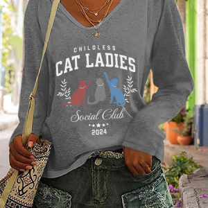 La Cat Vote Childless Cat Lady Print Casual V-Neck Long Sleeve Shirt, Long sleeves, Lilicloth.com