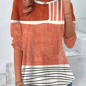 Women's Long Sleeve T-shirt Spring/Fall Orange Striped Printing Jersey Crew Neck Holiday Going Out Casual Top, Long sleeves, Lilicloth.com