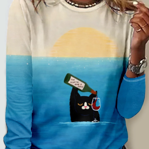 Casual Cat Crew Neck Long Sleeve Shirt, Long sleeves, Lilicloth.com