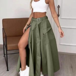 Adjustable Waistbelt Zipper High Slit Maxi A-line Skirt, women Skirts, ChicMe catalog
