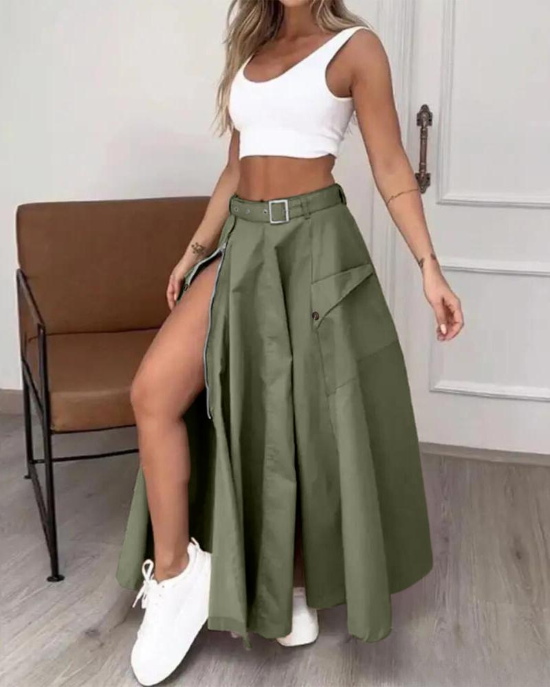 Adjustable Waistbelt Zipper High Slit Maxi A-line Skirt, women Skirts, ChicMe catalog