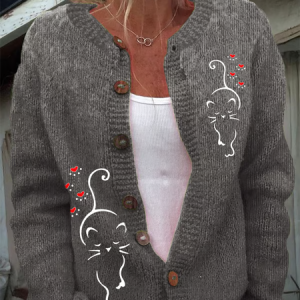 Women's Funny Cat Print Knitted Cardigan, Cardigans, Lilicloth.com