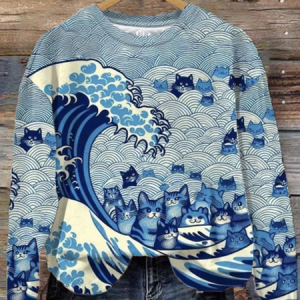 Women's Blue Waves&Cats Printed Sweatshirt, Hoodies&Sweatshirts, Lilicloth.com