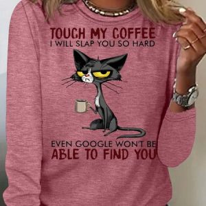 Women's Funny Coffee Letters Grumpy Cat Top, Long sleeves, Lilicloth.com