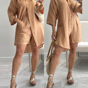 2 Pieces Spring Outfits Turn-down Collar Long Sleeve Button Front Blouse Top and Casual Strechy Waist Shorts Set, women Two-piece Sets, ChicMe catalog