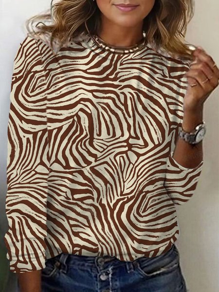 Zebra Print Crew Neck Long Sleeve T-shirt, Long sleeves, Lilicloth.com