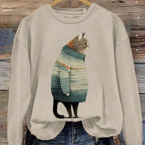 Women's Fat Cat Art Print Crew Neck Sweatshirt, Hoodies&Sweatshirts, Lilicloth.com