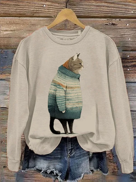 Women's Fat Cat Art Print Crew Neck Sweatshirt, Hoodies&Sweatshirts, Lilicloth.com