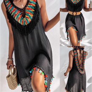 Colorblock Knit V-Neck Sleeveless Cover Ups Casual Backless Lace-up Tassel Hem Midi Dress, women Cover Ups, ChicMe catalog