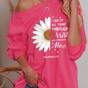 I Can Do All Things Through Christ Daisy Off-Shoulder Top, Hoodies&Sweatshirts, Lilicloth.com