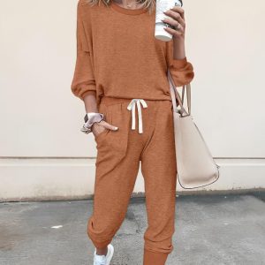2 Piece Round Neck Solid Long Sleeve Top Drawstring Casual Pants Set, women Two-piece Sets, ChicMe catalog