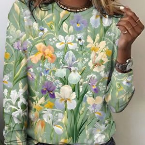 Casual Floral Crew Neck Long Sleeve T-shirt, T-shirts, color:Lightgreen|size:5XL, catalog Noracora shop