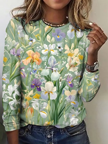 Women Floral Long Sleeve Tee T-shirt Crew Neck Casual Spring/Fall Top, JustFashionNow T-Shirts, color:Lightgreen|size:5XL,