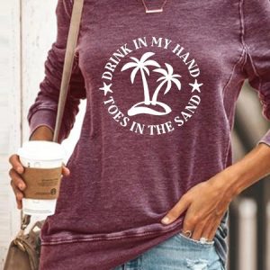 Drink In My Hand Toes In The Sand  Casual Crew Neck Letter Sweatshirt, Hoodies&Sweatshirts, Lilicloth.com