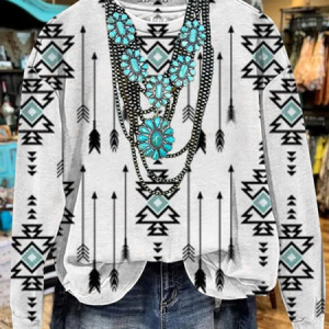 White Vintage Aztec Print Casual Sweatshirt, Hoodies&Sweatshirts, Lilicloth.com