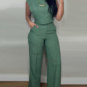 2 Pieces Outfit 3D Cutting Decor Design Cap Sleeve Hollow-out Back Crop Top and Casual Zipper Fly Seam Front Straight Pants Set, women Two-piece Sets, ChicMe catalog