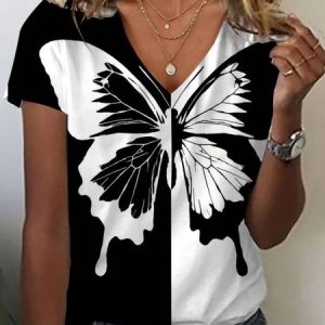 Casual Butterfly V Neck Short Sleeve T-shirt, T-shirts, color:Black-white|size:XXL, catalog Noracora shop