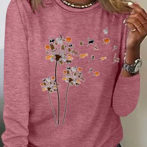 Cats Flower Fly Dandelion Casual Long Sleeve Shirt, Long sleeves, Lilicloth.com
