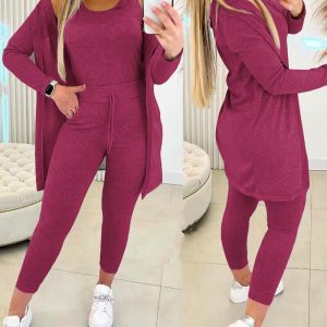 3 Piece Lounge Set Crewneck Sleeveless Tank Top Long Sleeve Open Front Coat Pants Sweatsuit, women Two-piece Sets, ChicMe catalog