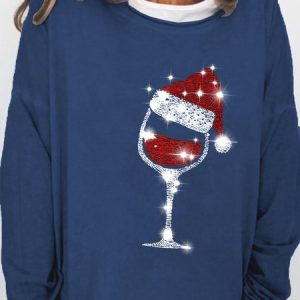 Merry Christmas Wine Glass Cotton Blends Casual Sweatshirt, Hoodies&Sweatshirts, Lilicloth.com